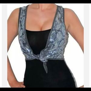Sexy Silver Sequin NWTS Vest crop Tie Front Cleavage Top Glam Party Costume Top